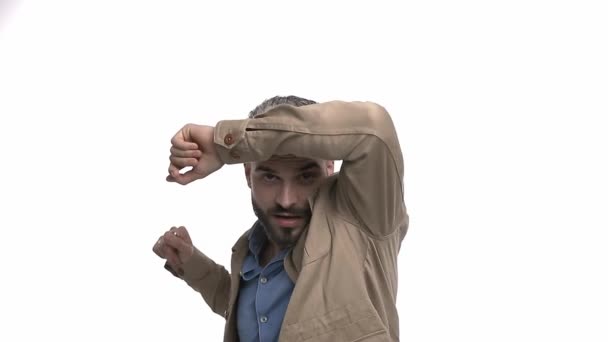Young Casual Guy Denim Jacket Making Gestures Covering Face Arms — Stock Video