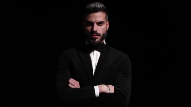 Serious Elegant Man Black Tuxedo Crossing Arms Looking Side Holding — Stock Video