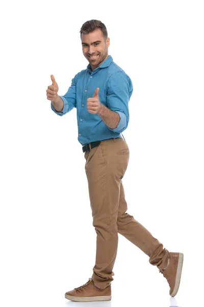 Happy Casual Man Walking Side Giving Thumbs Both Hands White — Stock Photo, Image