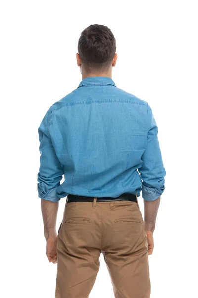 Rear View Casual Man Looking Ahead Wearing Blue Shirt White — Stock Photo, Image