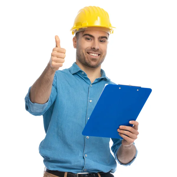 Attractive Casual Man Giving Thumbs Wearing Yellow Helmet Holding Blue — Stock Photo, Image