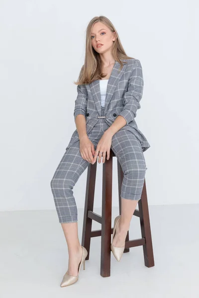 Cool Young Woman Gray Checkered Suit Holding Arms Fashion Pose — Stock Photo, Image