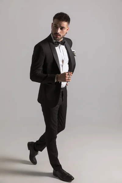 Elegant Young Groom Black Tuxedo Bowtie Handkerchief Holding Hand Pocket — Stock Photo, Image