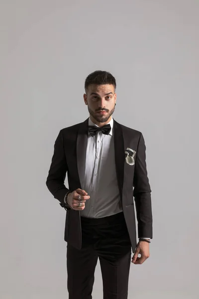 Young Male Model Black Tuxedo Bowtie Handkerchief Holding Arm Fashion — Stock Photo, Image