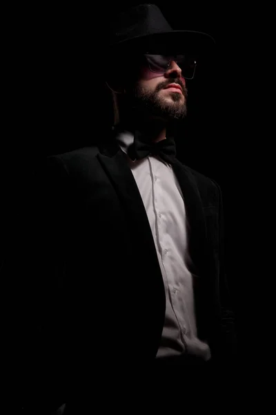 Cool Elegant Guy Black Velvet Tuxedo Hat Sunglasses Looking Posing — Stock Photo, Image