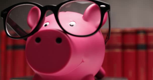 Nerd Piggy Bank Sliding Right Left Wearing Glasses Front Books — Stock Video