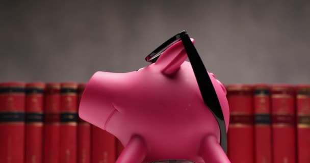 Banco Nerd Piggy Com Óculos Está Deslizando Direita Para Esquerda — Vídeo de Stock