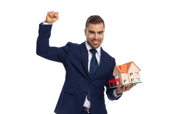Elegant Real Estate Agent Navy Blue Suit Holding Fist Air — Stock Photo, Image