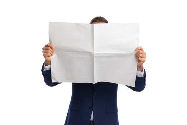 Young Elegant Man Navy Blue Suit Covering Face Newspaper Standing — Stock Photo, Image
