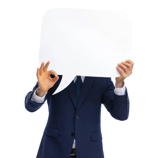 Timid Young Businessman Navy Blue Covering Face Speech Bubble Making — Stock Photo, Image