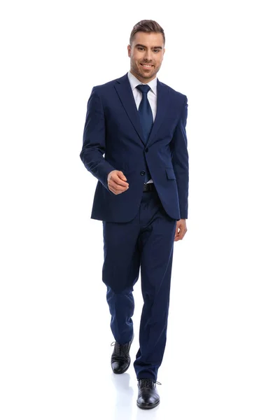 Full Body Picture Happy Young Businessman Navy Blue Suit Walking — Stock Photo, Image