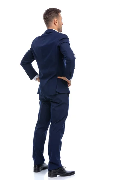 Back View Young Businessman Navy Blue Suit Holding Hands Hips — Stock Photo, Image