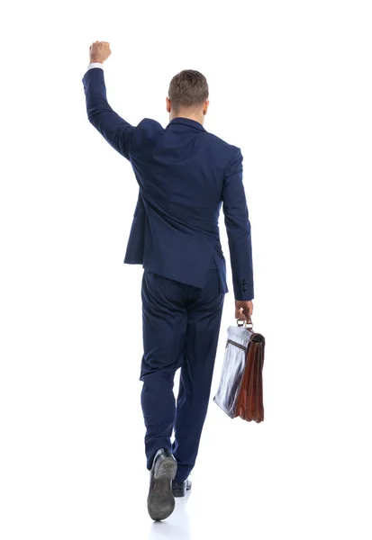 Back View Happy Businessman Navy Blue Suit Holding Fist Air — Stock Photo, Image