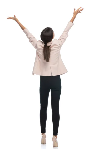 Enthusiastic Businesswoman Pink Jacket Holding Hands Air Celebrating Cheering Victory — Stock Photo, Image