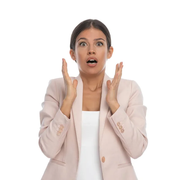 Scared Young Woman Pink Jacket Holding Hands Opening Mouth Shocked — Stock Photo, Image