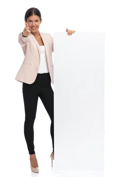 Confident Businesswoman Pink Jacket Pointing Fingers Smiling Holding Empty Board — Stock Photo, Image