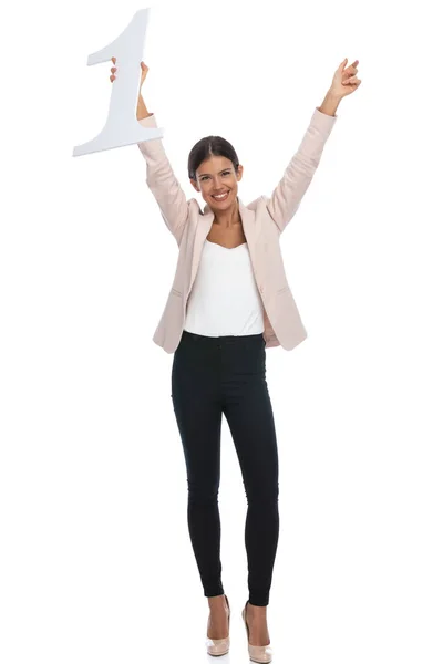 Full Body Picture Beautiful Smart Casual Girl Holding Number One — Stock Photo, Image