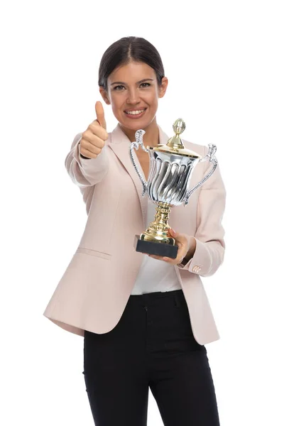 Happy Businesswoman Pink Jacket Smiling Making Thumbs Gesture Holding Silver — Stock Photo, Image