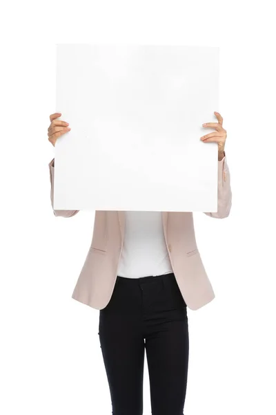 Young Woman Pink Jacket Hiding White Empty Board Standing Posing — Stock Photo, Image