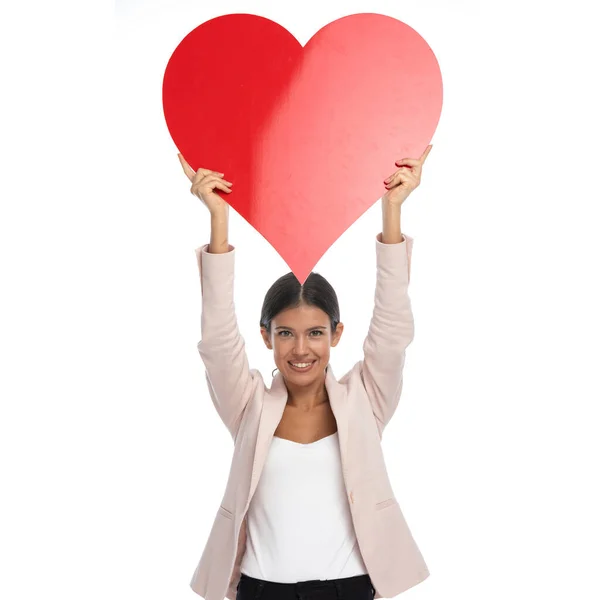 Proud Young Female Model Pink Jacket Holding Big Red Heart — Stock Photo, Image