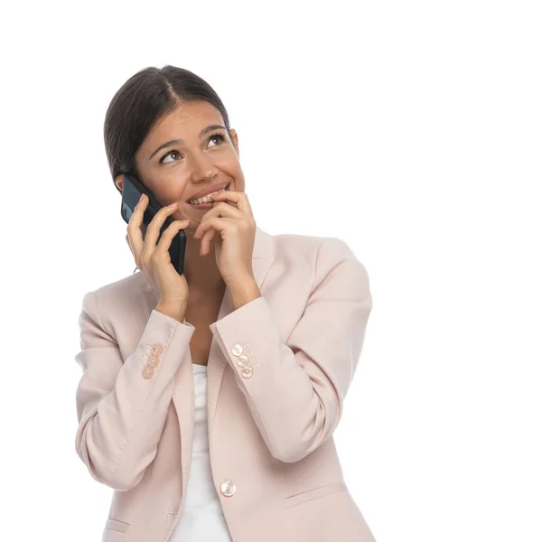 Beautiful Young Girl Pink Jacket Talking Phone Looking Dreaming Standing — Stock Photo, Image