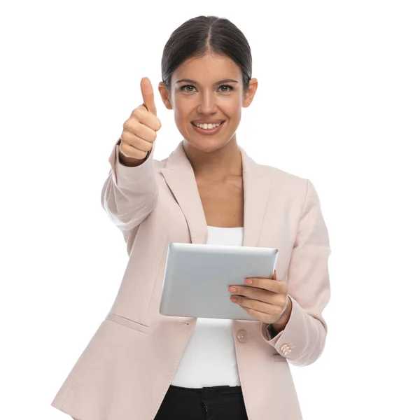Portrait Smart Casual Businesswoman Pink Jacket Making Thumbs Gesture Smiling — Stock Photo, Image
