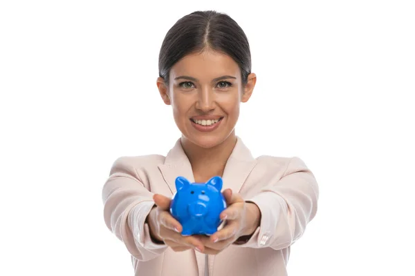 Happy Young Businesswoman Pink Jacket Presenting Piggy Bank Smiling Standing — Stock Photo, Image