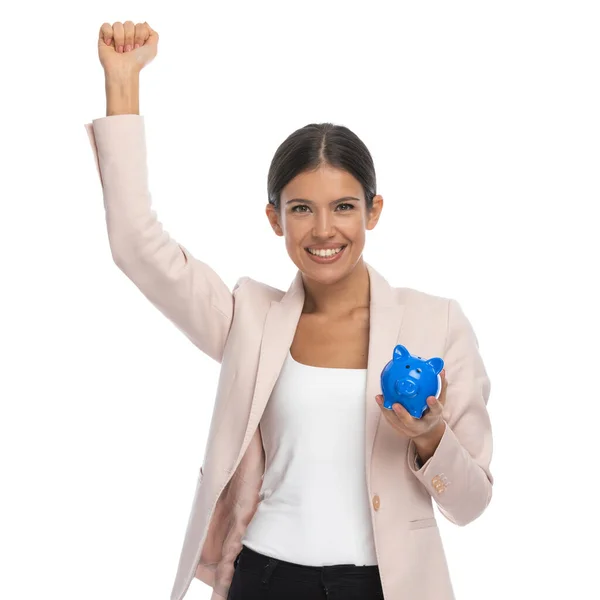 Young Businesswoman Pink Jacket Holding Arm Air Celebrating Showing Presenting — Stock Photo, Image