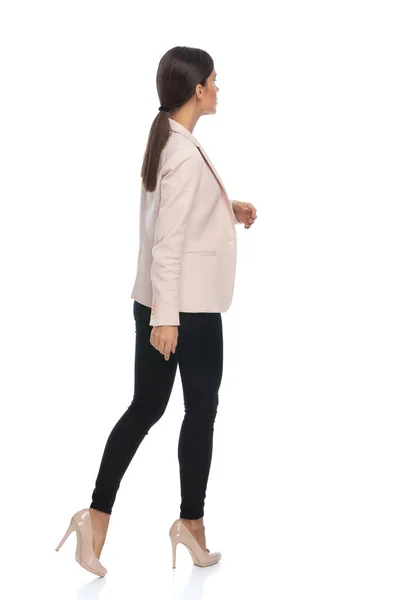 Full Body Picture Smart Casual Brunette Woman Pink Jacket Walking — Stock Photo, Image