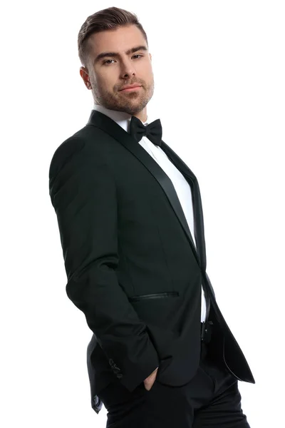 Happy Young Man Black Tuxedo Holding Hands Pockets Posing Side — Stock Photo, Image