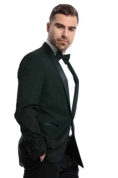 Side View Sexy Young Model Black Tuxedo Holding Hands Pockets — Stock Photo, Image