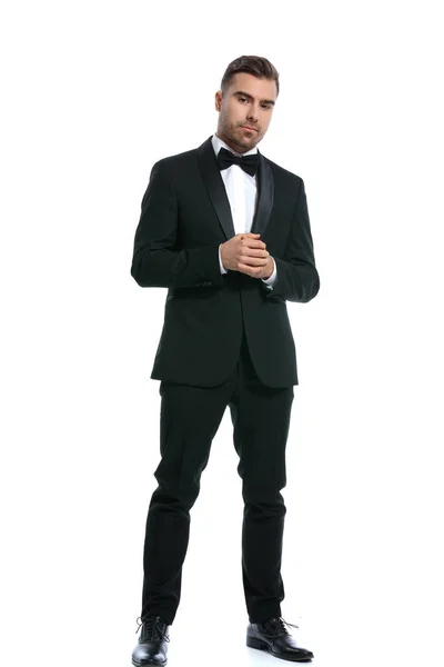 Full Body Picture Elegant Young Businessman Black Tuxedo Holding Hands — Stock Photo, Image