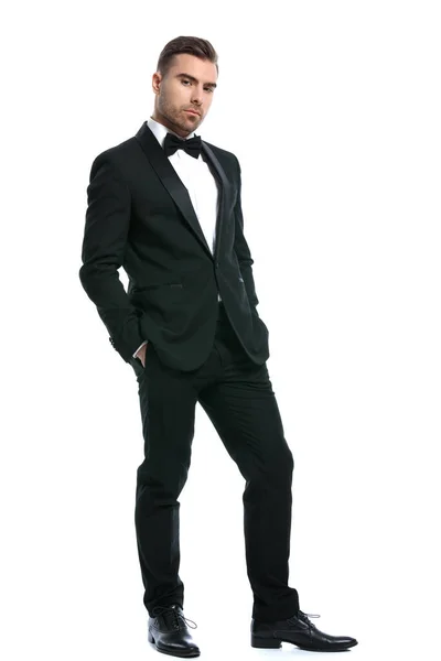 Full Body Picture Sensual Unshaved Businessman Black Tuxedo Holding Hands — Stock Photo, Image