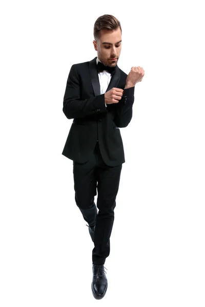 Full Body Picture Sexy Unshaved Guy Black Tuxedo Bowtie Looking — Stock Photo, Image