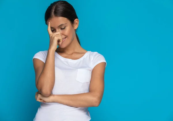 Sexy Casual Woman Giving Her Facepalm Feeling Embarrassed Blue Background — Stock Photo, Image