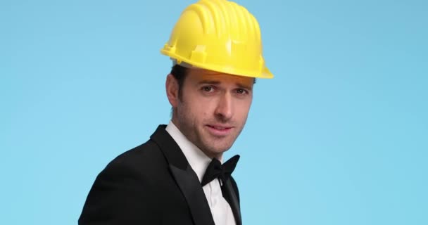 Businessman Wearing Helmet Fooling Being Amused — Stock Video