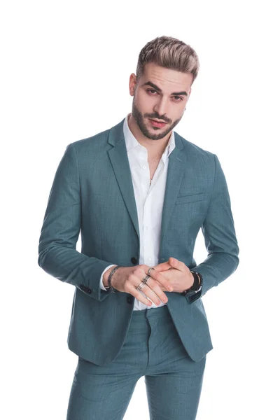 Handsome Young Guy Suit Untied Shirt Rubbing Palms Posing Fashion — Stock Photo, Image