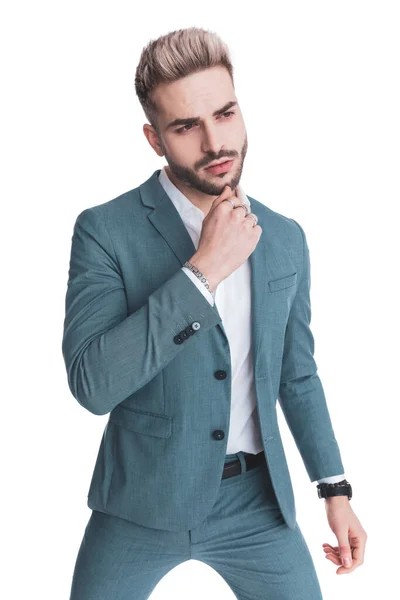 Sexy Unshaved Businessman Suit Looking Side Touching Chin Posing Fashion — Stock Photo, Image