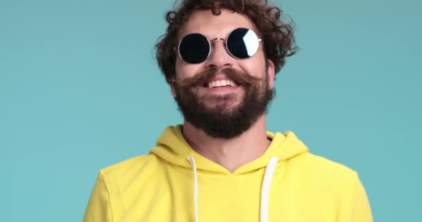 Close Young Hipster Man Approaching Taking Glasses Trying See Pointing — Stock Video