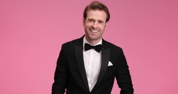 Happy Businessman Wearing Black Tuxedo Studio Smiling Crossing Arms Pink — Stock Video