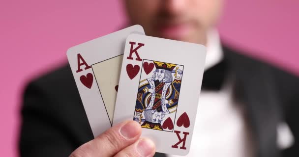 Smiling Young Businessman Black Tuxedo Gambling Showing Cards Camera Hiding — Stock Video