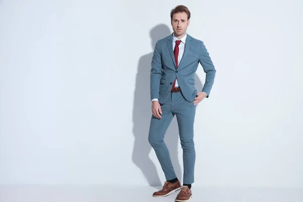 Full Body Picture Cool Young Fashion Model Blue Suit Holding — Stock Photo, Image