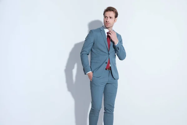 Sexy Bearded Businessman Posing Hand Pocket Looking Side Arranging Tie — Stock Photo, Image