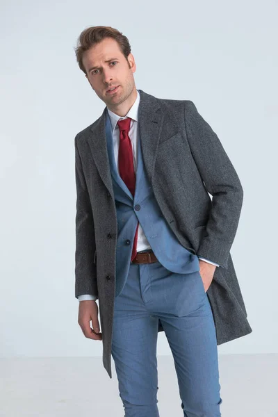 Young Handsome Businessman Elegant Suit Sticking One Hand Pocket Posing — Stock Photo, Image