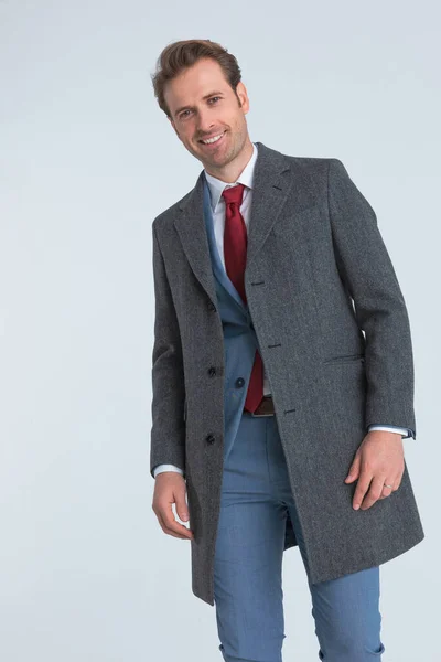 Young Happy Businessman Smiling Camera Posing His Long Coat — Stock Photo, Image