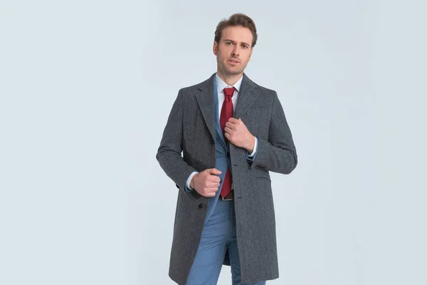 Elegant Sexy Businessman Arranging His Coat Looking Camera Fashion Pose — Stock Photo, Image