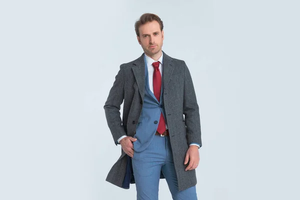 Sexy Businessman Posing One Hand Pocket Looking Camera Wearing Coat — Stock Photo, Image