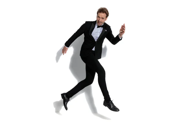 Sexy Businessman Full Joy Jumping Air White Studio Background — Stock Photo, Image