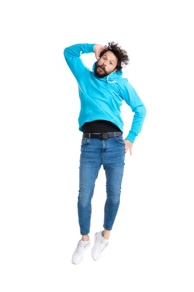 Full Picture Cool Bearded Fashion Model Blue Hoodie Holding Hand — Stock Photo, Image