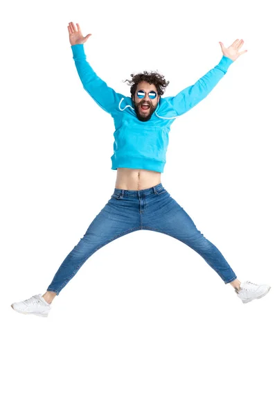 Full Body Picture Happy Hipster Guy Blue Hoodie Sunglasses Holding — Stock Photo, Image